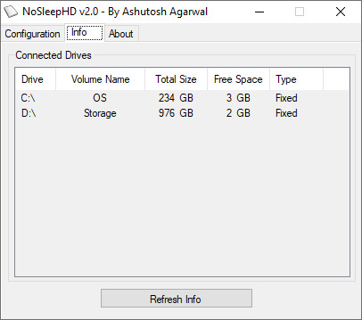 NoSleepHD's info tab with various disk sizes.